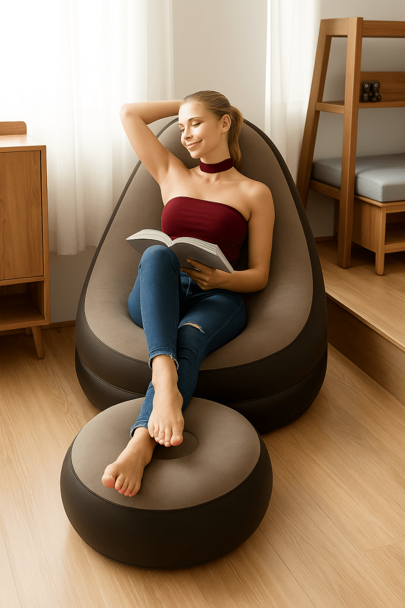 AirLounge™ – Fauteuil Gonflable avec Repose - Pieds, Ultra Confort en Velours Flocké pour Intérieur & Extérieur - FaciliCasa
