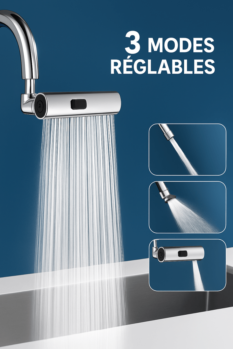 AquaFlex™ – Aérateur de Robinet 3 Modes | Économie d’Eau & Jet Haute Pression Multi - Usages - FaciliCasa