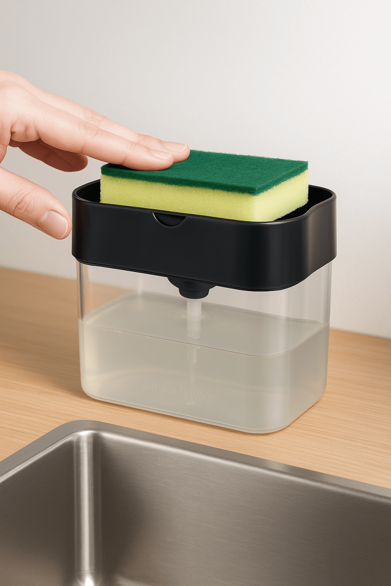 éponge lave-vaisselle intégrée

réservoir vaisselle économique

distributeur savon compact

solution anti-gaspillage cuisine

accessoire vaisselle 2 en 1