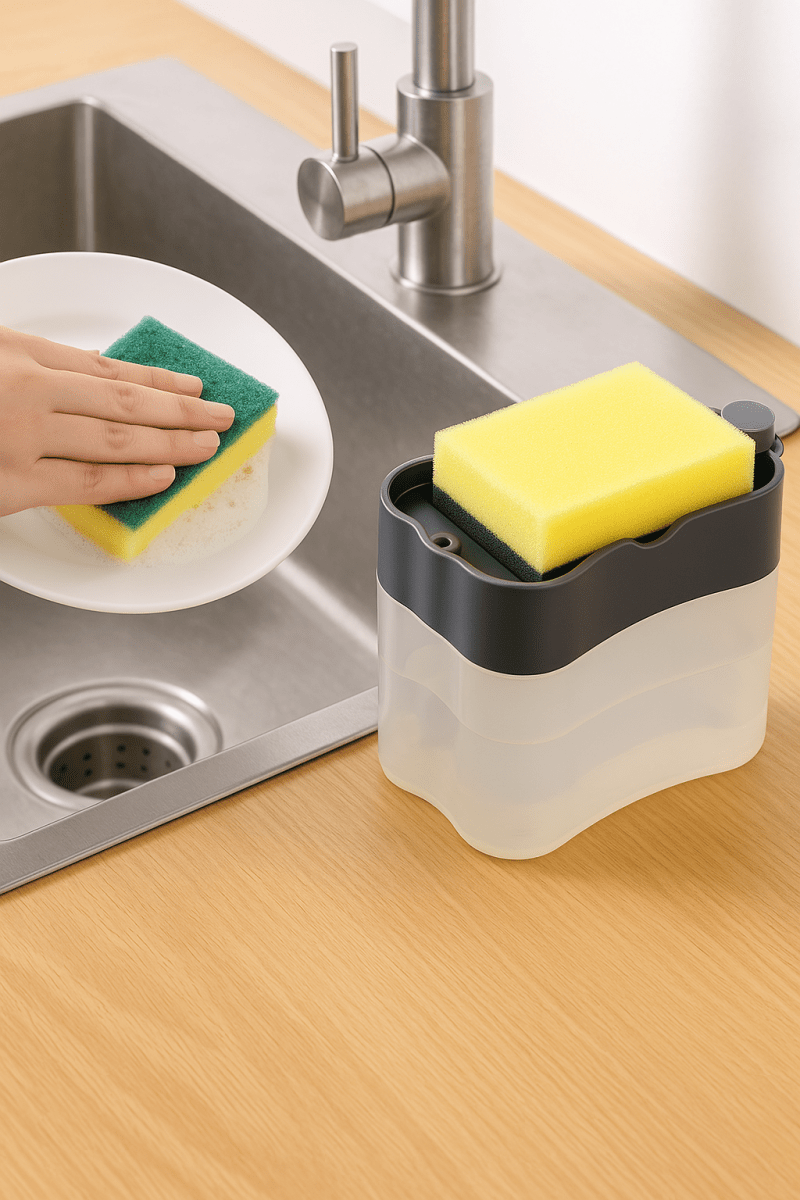 SoapPress™ – Distributeur de Liquide Vaisselle avec Éponge | Gain de Temps & Zéro Gaspillage au Lavage - FaciliCasa
