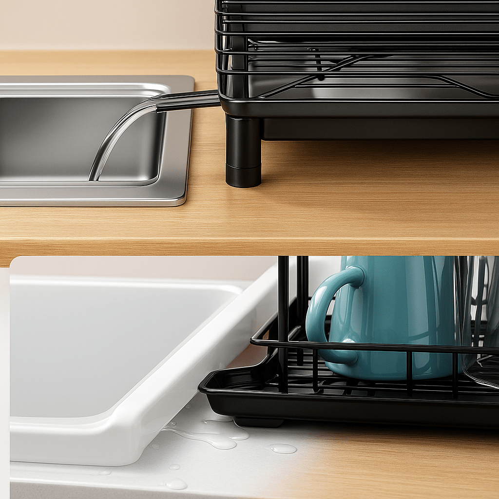 DryMaster™ – Égouttoir à Vaisselle Compact et Élégant – Rangement Cuisine avec Évacuation Automatique & Séchage Rapide - FaciliCasa