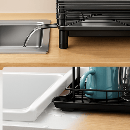 DryMaster™ – Égouttoir à Vaisselle Compact et Élégant – Rangement Cuisine avec Évacuation Automatique & Séchage Rapide - FaciliCasa