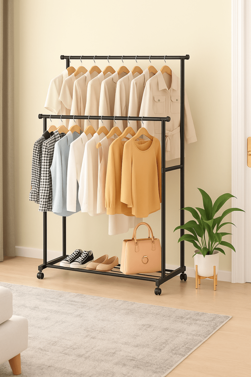 EasyRack™ – Porte - vêtements mobile double tige – Gain de place, mobilité et style au quotidien - FaciliCasa