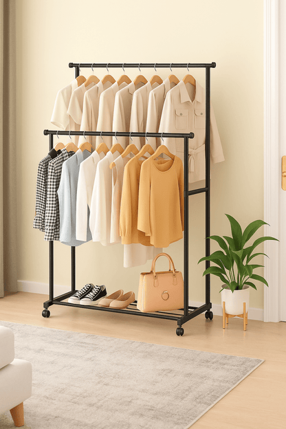 EasyRack™ – Porte - vêtements mobile double tige – Gain de place, mobilité et style au quotidien - FaciliCasa