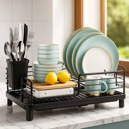 1Pc Dish Drying Rack Kitchen Countertop Tableware Storage with Automatic Drying Black White