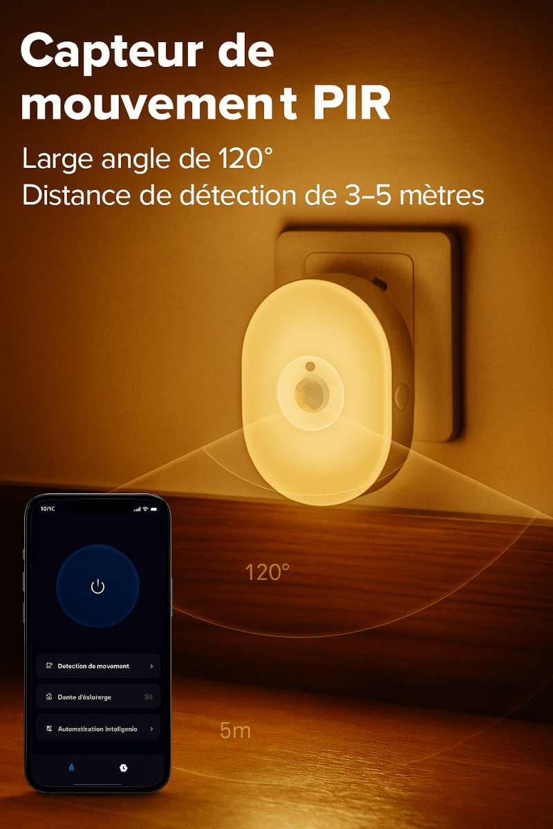 GlowSense™ - Veilleuse intelligente WiFi à détection de mouvement, lumière douce et contrôle mobile - FaciliCasa