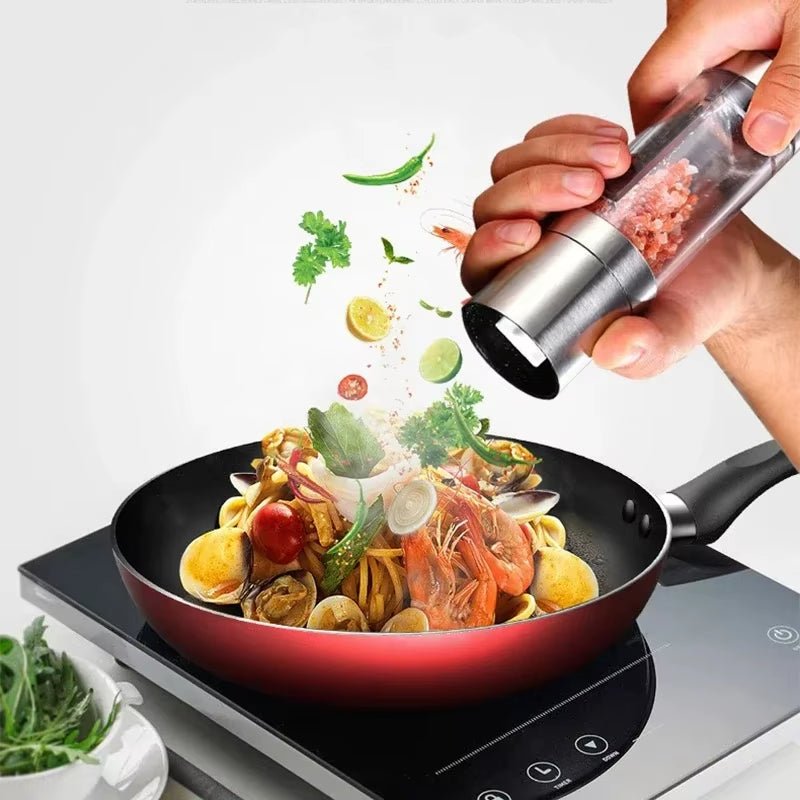GrindMaster Duo™ - Moulin à sel et poivre 2 en 1 en acier inoxydable | Broyeur céramique réglable pour cuisine design et épices fraîchement moulues - FaciliCasa