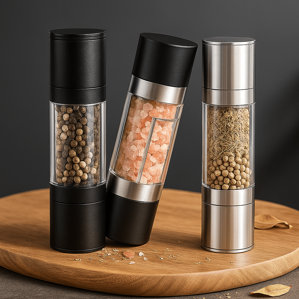 GrindMaster Duo™ - Moulin à sel et poivre 2 en 1 en acier inoxydable | Broyeur céramique réglable pour cuisine design et épices fraîchement moulues - FaciliCasa