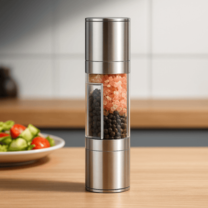 GrindMaster Duo™ - Moulin à sel et poivre 2 en 1 en acier inoxydable | Broyeur céramique réglable pour cuisine design et épices fraîchement moulues - FaciliCasa
