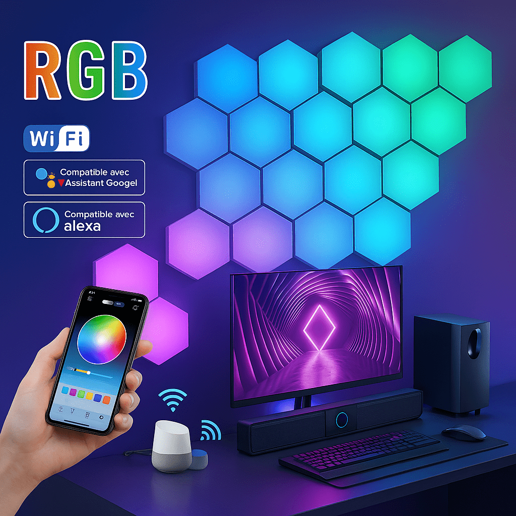 HexaGlow™ - Panneaux LED Muraux RGB WiFi pour Ambiance Connectée et Design - FaciliCasa