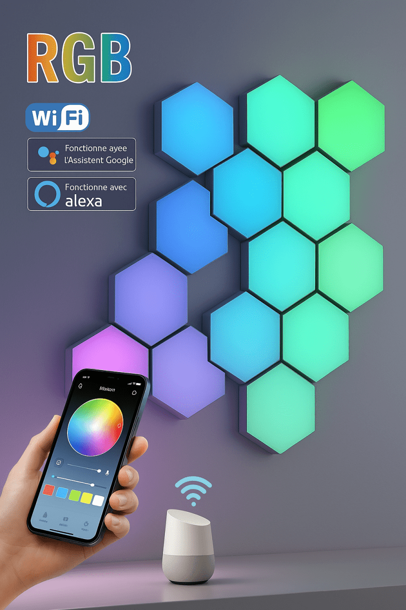 HexaGlow™ - Panneaux LED Muraux RGB WiFi pour Ambiance Connectée et Design - FaciliCasa