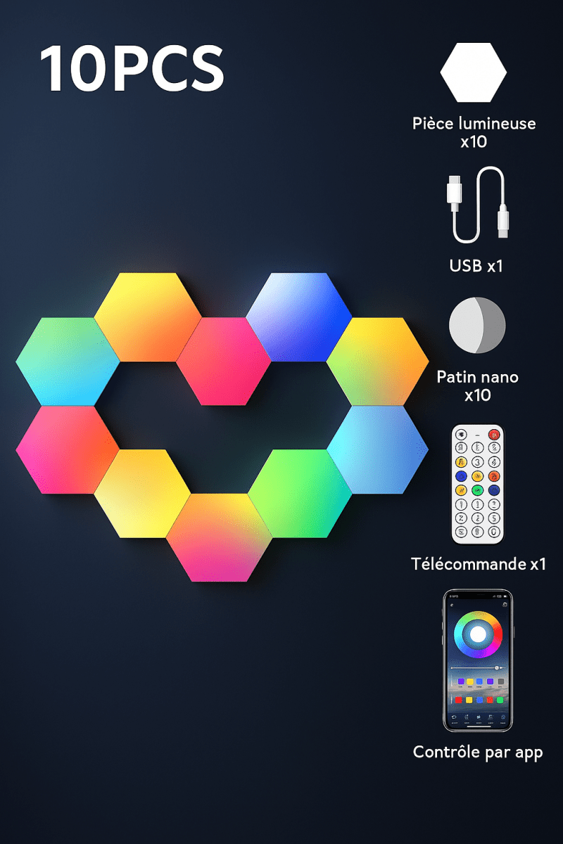 HexaGlow™ - Panneaux LED Muraux RGB WiFi pour Ambiance Connectée et Design - FaciliCasa