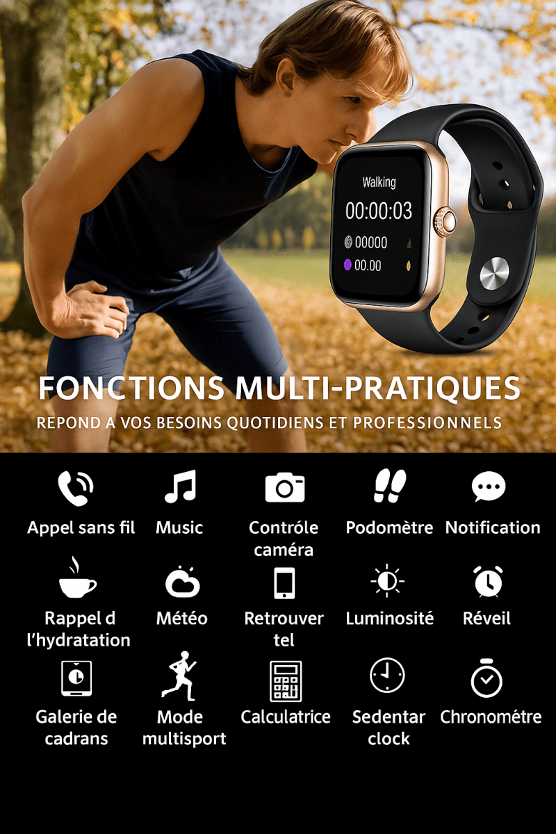 SmartFit™ Vision 1.83” – Montre connectée étanche avec appels, messages & suivi santé - FaciliCasa